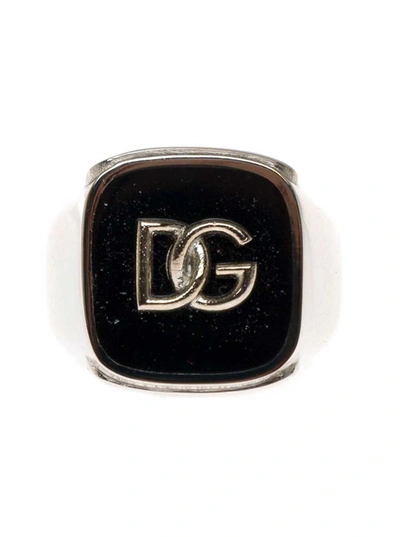 Shop Dolce & Gabbana Man's Black Enameled Brass Ring With Logo In Metallic