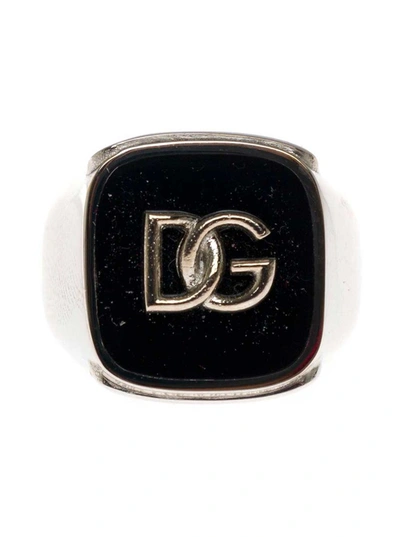 Shop Dolce & Gabbana Man's Black Enameled Brass Ring With Logo In Metallic