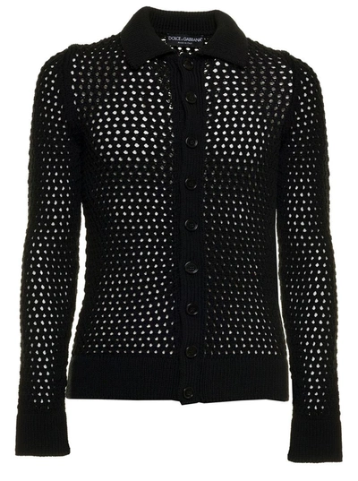 Shop Dolce & Gabbana Man's Black Polo In Perforated Wool