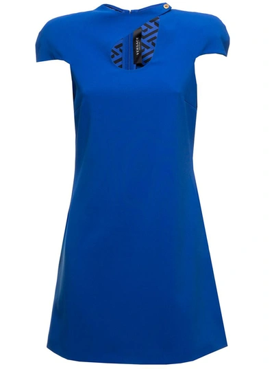 Shop Versace Electric Blue Midi Dress In Virgin Wool Knit With Cut Out And Medusa Detailing  Woman