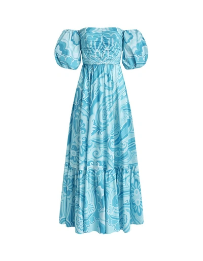 Shop Etro Light Paisley Long Dress With Balloon Sleeves In Blue