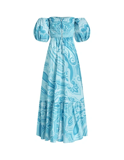Shop Etro Light Paisley Long Dress With Balloon Sleeves In Blue