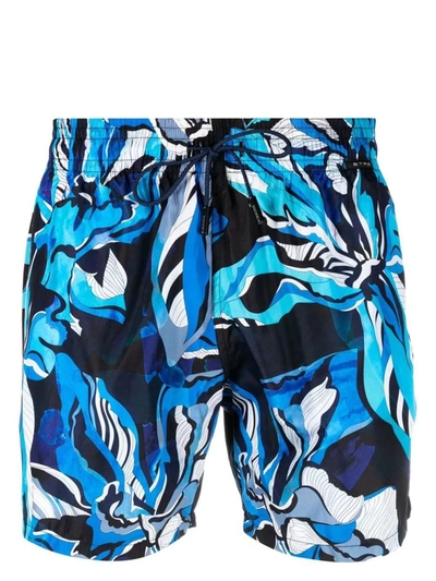 Shop Etro Navy Swim Shorts With Floral Foliage In Blue