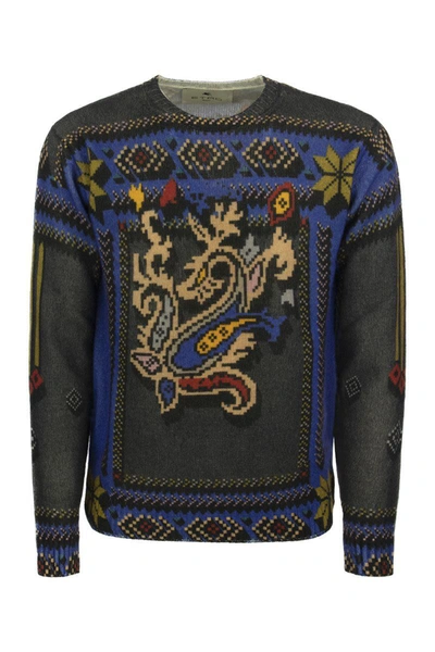 Etro Printed Virgin Wool Jumper In Blue