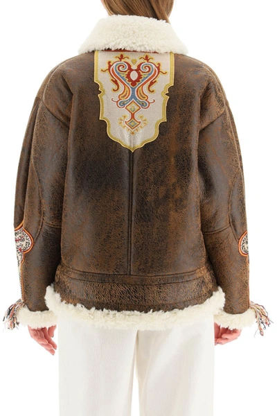 Shop Etro Shearling Jacket With Ethnic Embroidery In Brown