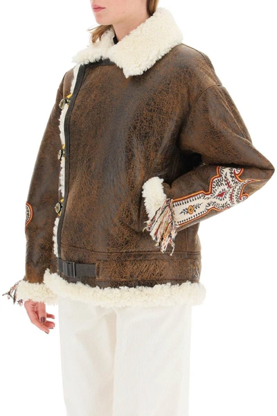 Shop Etro Shearling Jacket With Ethnic Embroidery In Brown