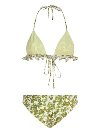 Shop Etro Triangle Bikini With Ruffles And Berries Pattern In Green