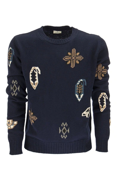 Shop Etro Wool And Cotton Inlaid Jumper In Navy