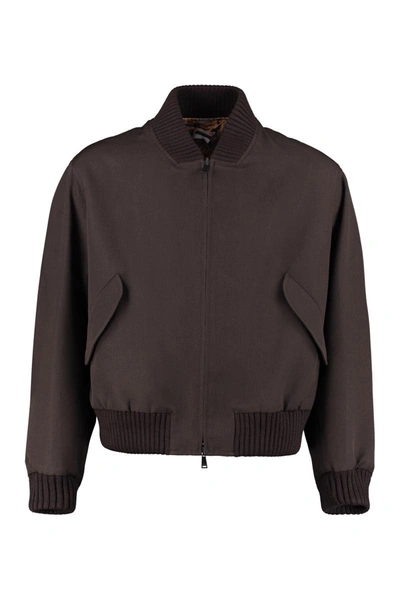 Shop Fendi Wool Bomber-style Jacket In Brown