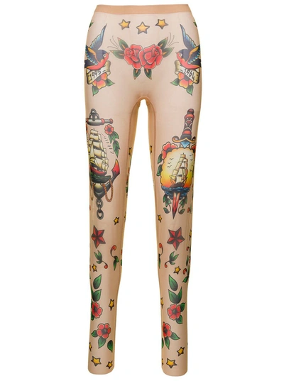 Shop Dsquared2 Flesh Pink Stretch Leggings With All-over Print Woman  In Beige