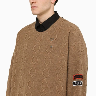 Shop Fred Perry Raf Simons Beige Intarsia Jumper With Patches In Brown