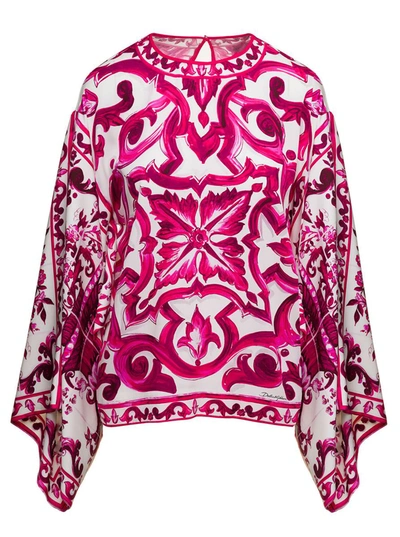 Shop Dolce & Gabbana Fuchsia And White Blouse With Wide Sleeves And Majolica Print In Stretch Silk Woman In Multicolor