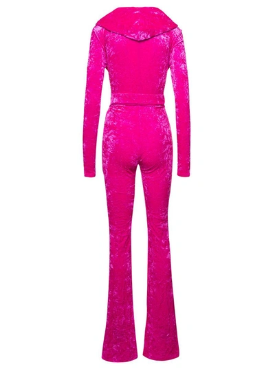 Shop Versace Fuchsia Hooded Jumpsuit With Crisscross Medusa Biggie Belt In Crushed Velvet Woman In Pink