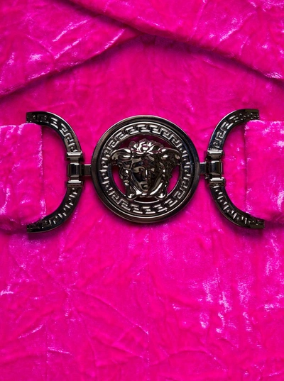 Shop Versace Fuchsia Hooded Jumpsuit With Crisscross Medusa Biggie Belt In Crushed Velvet Woman In Pink