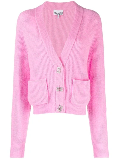 Shop Ganni Butterfly-button Cardigan In Pink