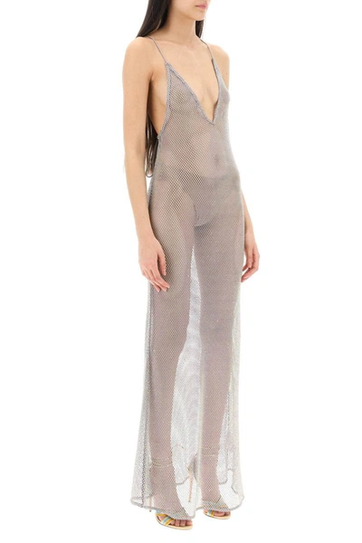 Shop Ganni Long Mesh Dress With Crystals In Silver