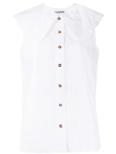 Shop Ganni Ruched Organic Cotton Sleeveless Shirt In White