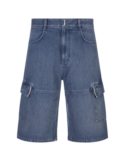 Shop Givenchy Denim Cargo Bermuda Shorts With Inserts In Blue