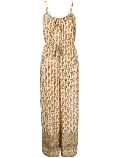 Shop Gold Hawk Printed Silk Jumpsuit In Beige