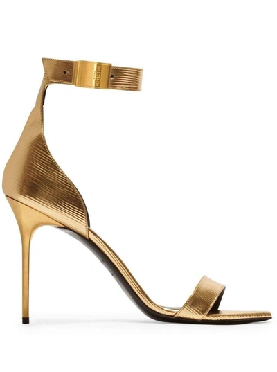 Shop Balmain Gold-colored Sandals With Logo And Stiletto Heel In Laminated Leather Woman In Metallic