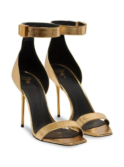 Shop Balmain Gold-colored Sandals With Logo And Stiletto Heel In Laminated Leather Woman In Metallic