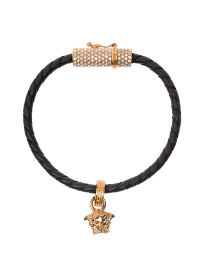 Shop Versace Gold-tone Medusa Pendant Bracelet In Black Leather Woman