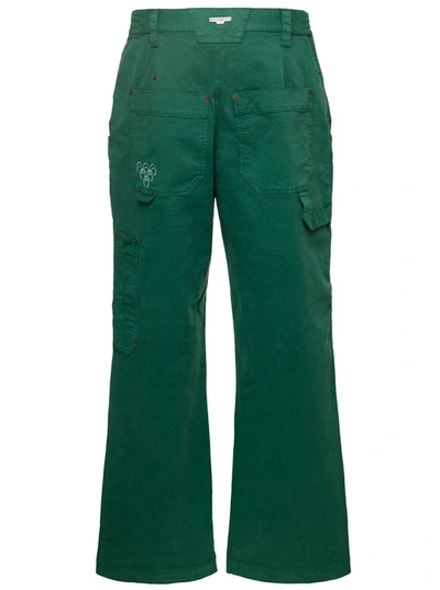Shop Marine Serre Green Wide Leg Jeans With Contrasting Logo Embroidery In Stretch Cotton Denim Woman