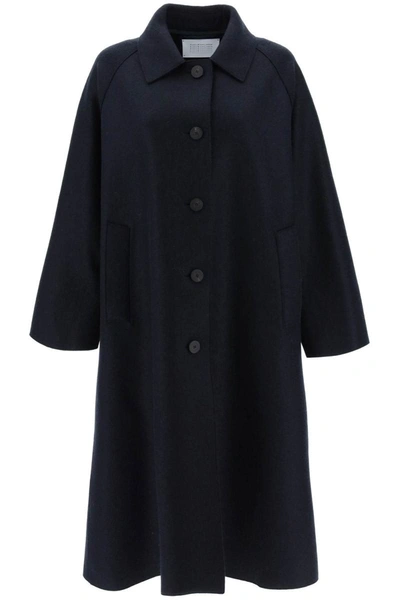 Shop Harris Wharf London Balmacaan Coat In Pressed Wool In Blue