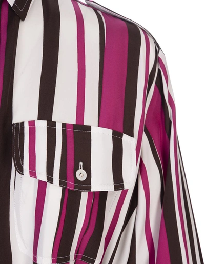 Shop Kiton Long Dress In Black And Fuchsia Striped Silk In Pink