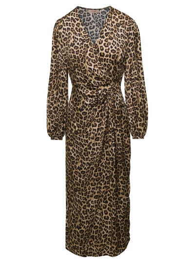 Shop Twinset Leopard Printed Draped Midi Dress Woman Twin Set In Multicolor
