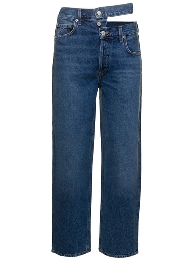 Shop Agolde Light Blue High-waisted Jeans With Cut-out At The Waist In Cotton Denim Woman