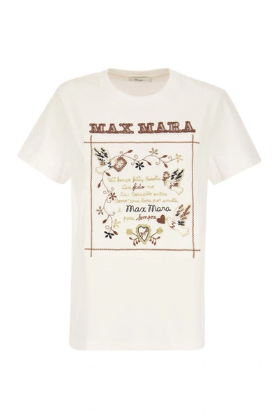 Shop Max Mara Tshirt - Cotton T-shirt With Embroidery In White/brown