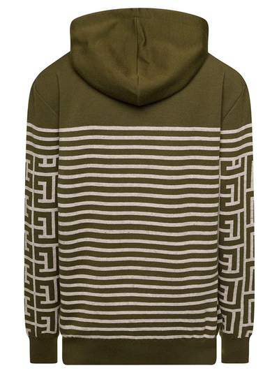 Shop Balmain Military Green Hoodie With Monogram And Stripes In Wool And Linen Man