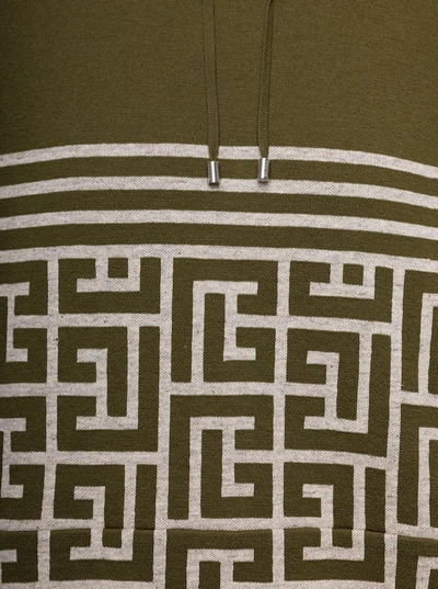 Balmain Military Green Hoodie With Monogram And Stripes In Wool And Linen Man In Green