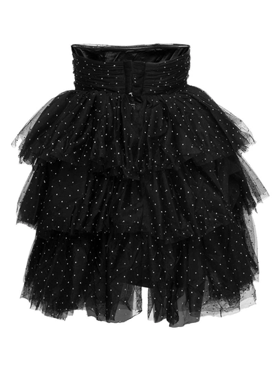 Shop Rotate Birger Christensen Mini Black Flounced Dress With All-over Rhinestones Embellishment In Mesh Woman