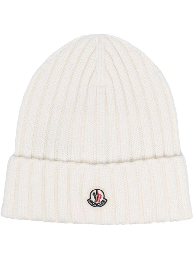 Moncler White Wool Beanie With Logo Patch
