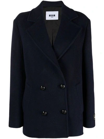 Msgm Double-breasted Logo-patch Jacket In Blue