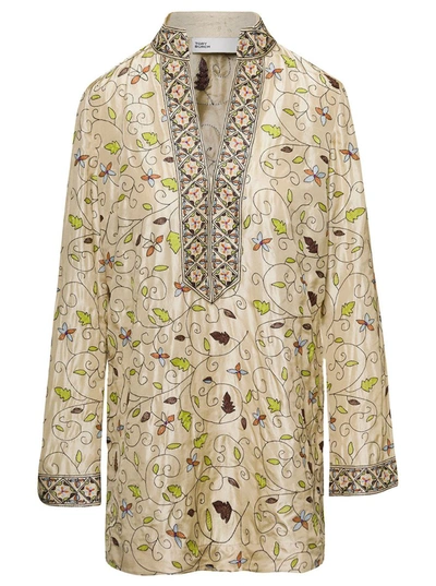 Shop Tory Burch Multicolor Embroidered Leaf-print Tunic In Silk Woman