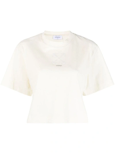 Shop Off-white Cropped T-shirt In Beige E Nero