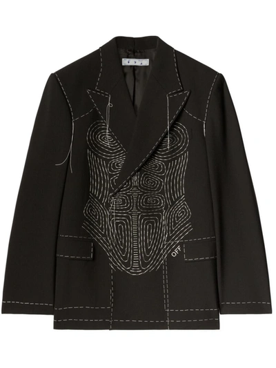 Shop Off-white Wool Blend Double-breasted Blazer Jacket In Black