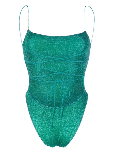 Shop Oseree Oséree Aquamarine Lumiere Lacé Maillot One-piece Swimsuit In Green