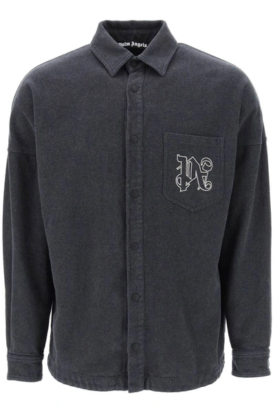 Shop Palm Angels Pa Monogram Flannel Overshirt In Grey