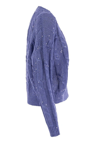 Shop Peserico Ribbed Cardigan With Sequins In Blue