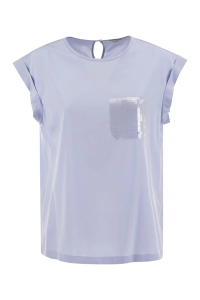 Shop Peserico Top In Precious Silk Crepe De Chine With Watery Embroidery In Light Blue