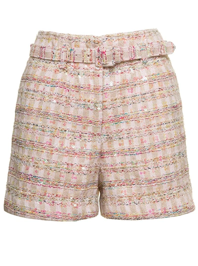 Shop Self-portrait Pink Shorts With Matching Belt And Paillettes In Tweed Woman