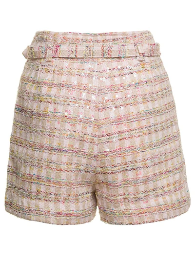Shop Self-portrait Pink Shorts With Matching Belt And Paillettes In Tweed Woman