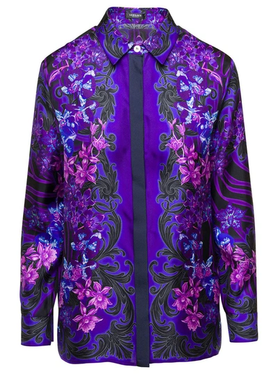 Shop Versace Purple Shirt With Barocco Orchid Prnt In Silk Woman In Violet