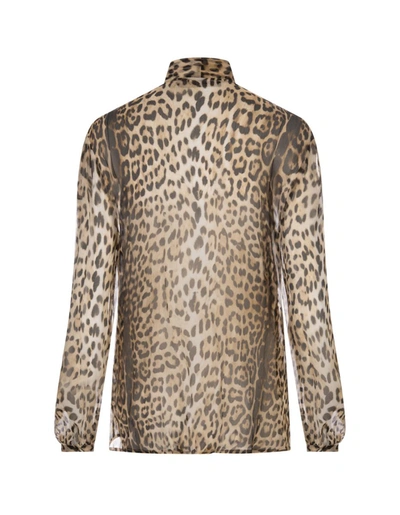 Shop Roberto Cavalli Leopard Print Silk Shirt With Lavalliere Collar In Brown