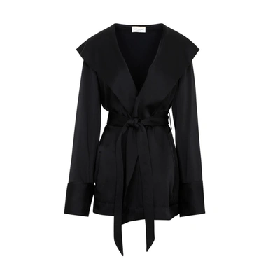 Shop Saint Laurent Satin Crepe Hooded Jacket In Black