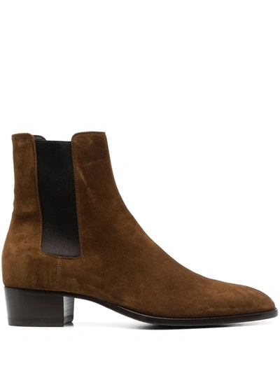 Shop Saint Laurent Wyatt Suede Chelsea Boots In Brown